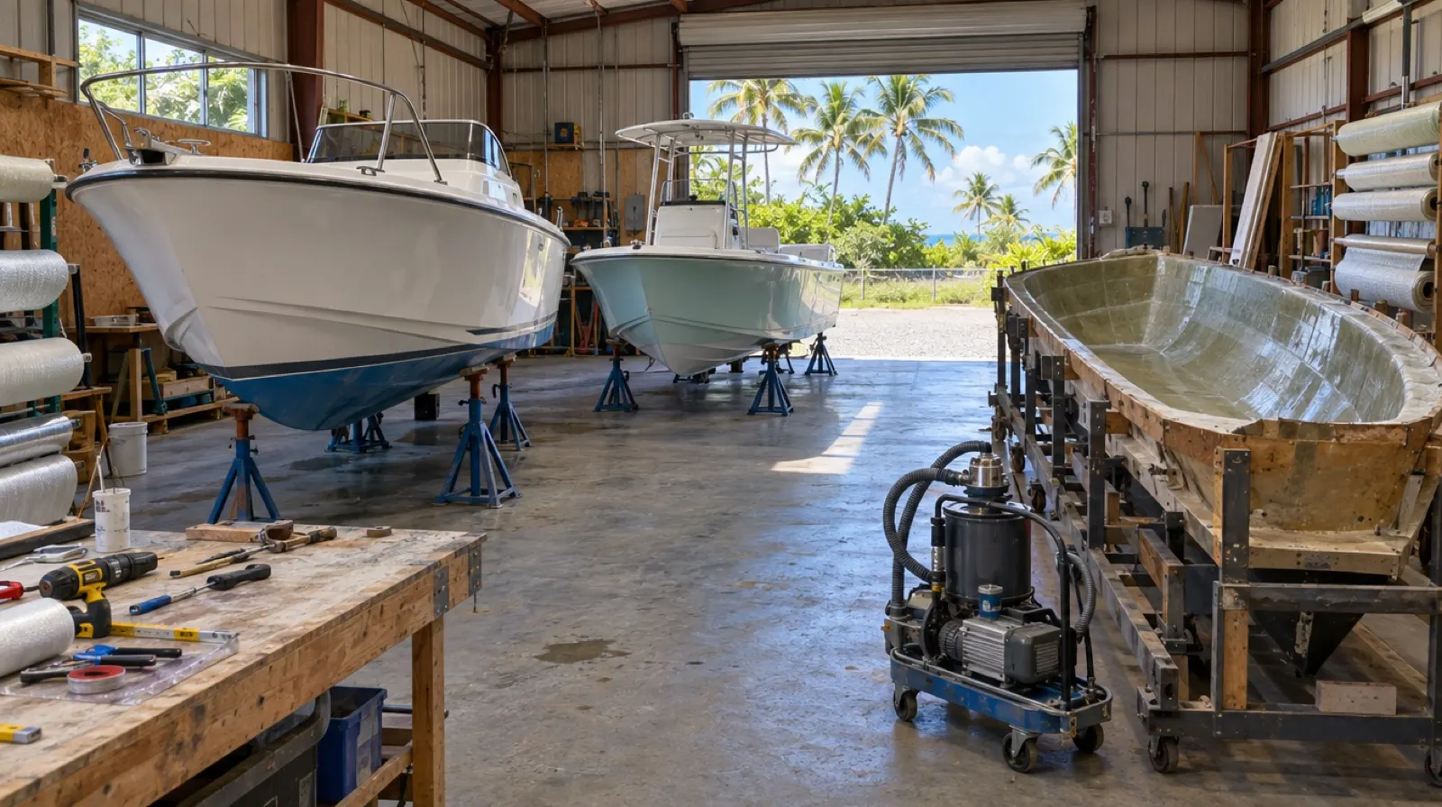 A boat shop floor with hulls on stands and the roll-up door open to palm trees