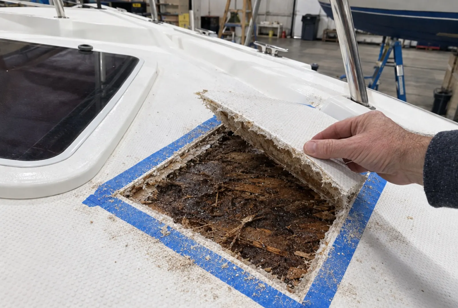 The deck skin cut away to expose wet, rotted core