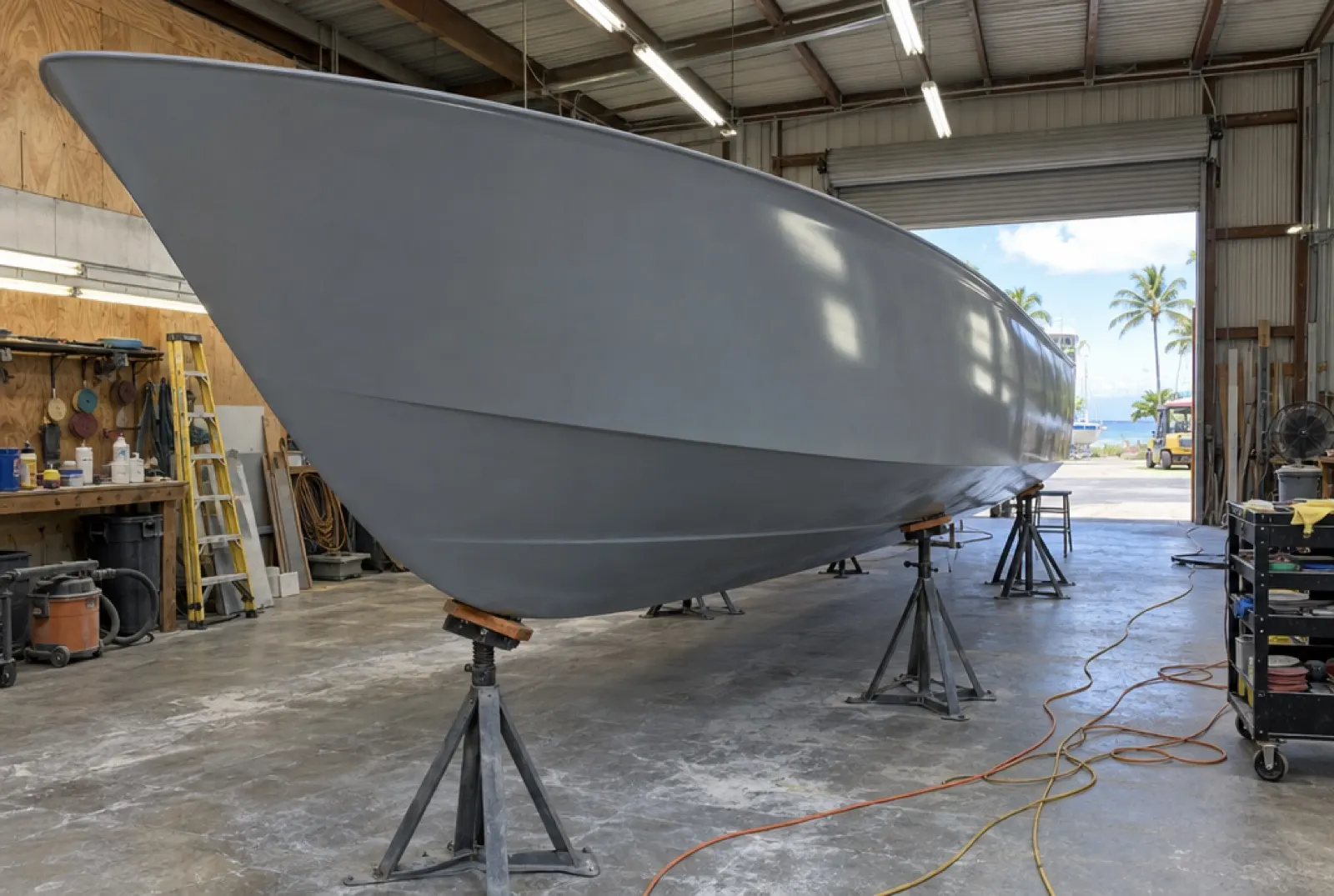 A primed boat hull plug up on stands in a clean shop