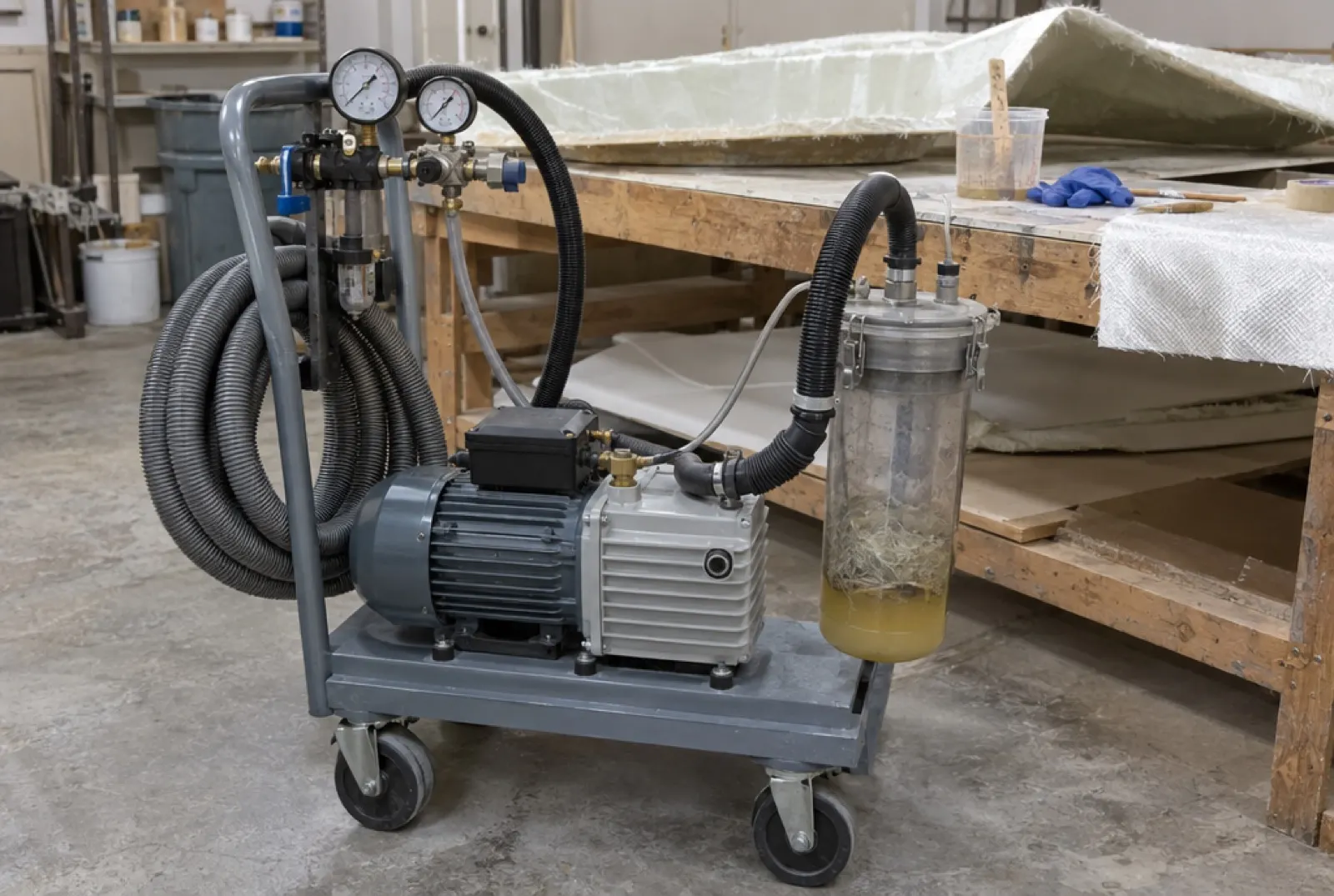 A vacuum pump with gauges and a resin trap on a cart