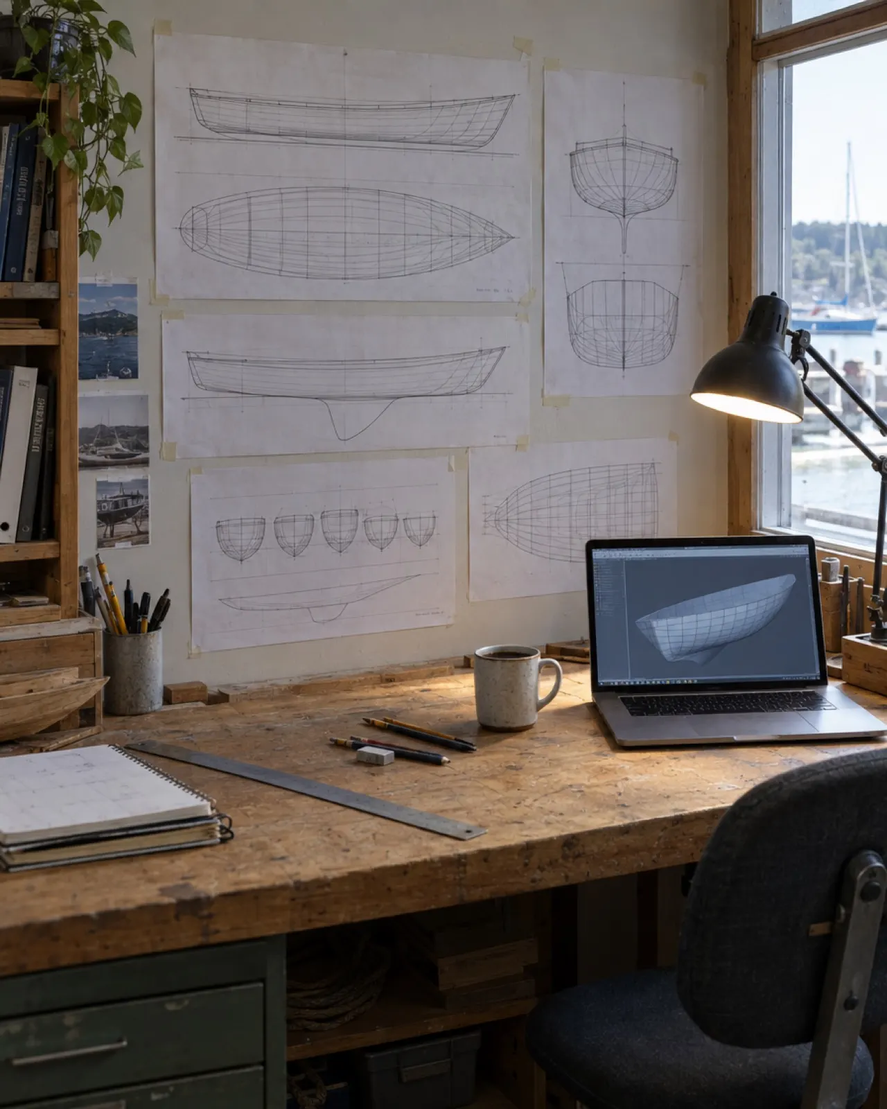 Hull lines plans pinned above a drafting bench