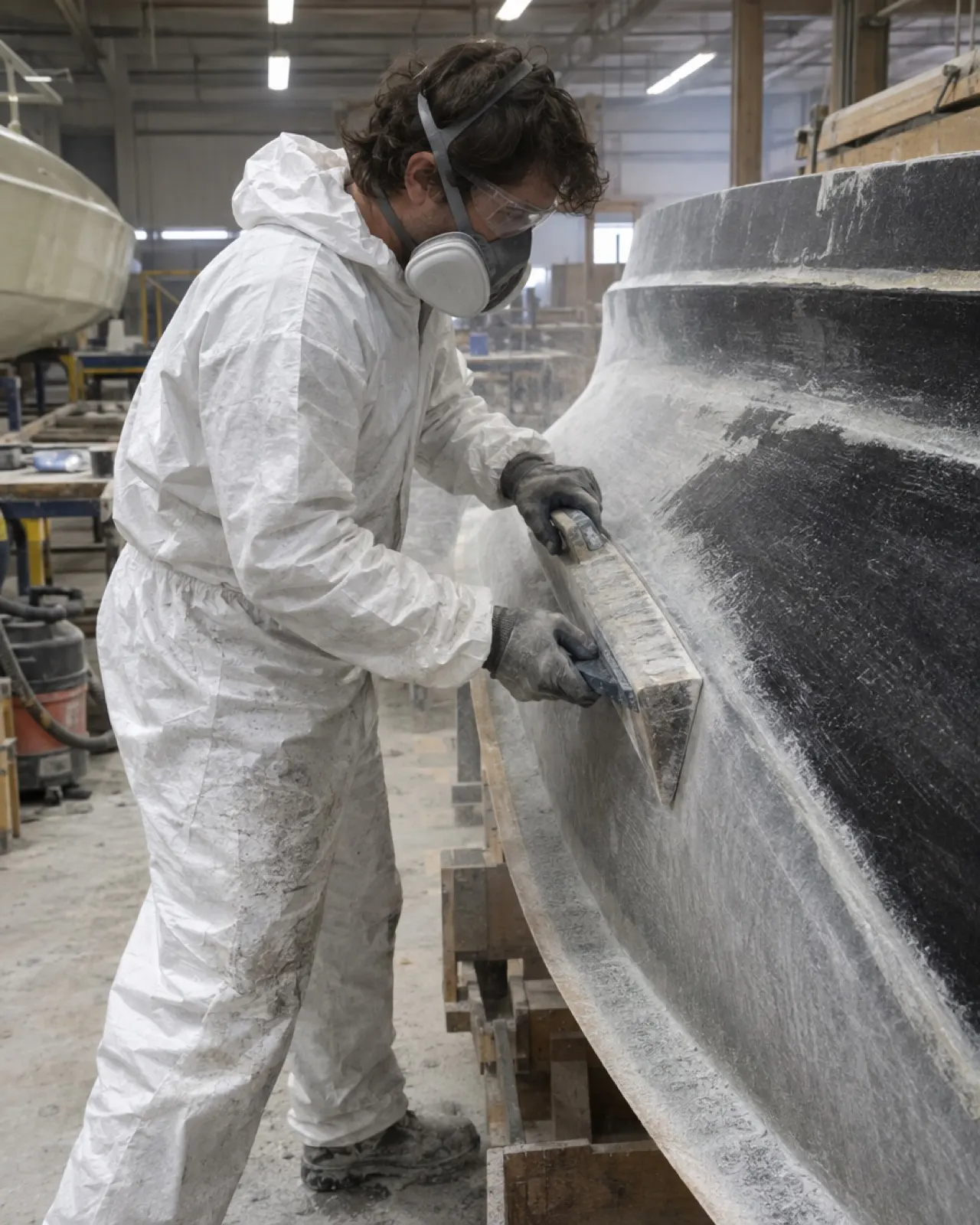 A worker long-boarding guide coat off a boat mold