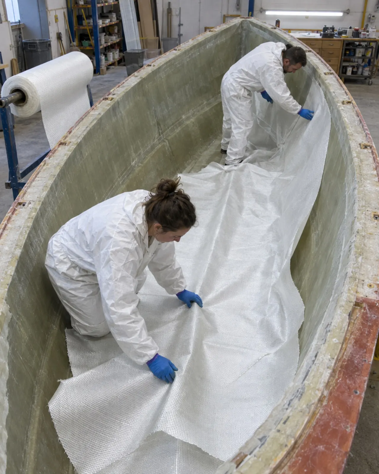 Crew laying fiberglass cloth into a hull mold by hand