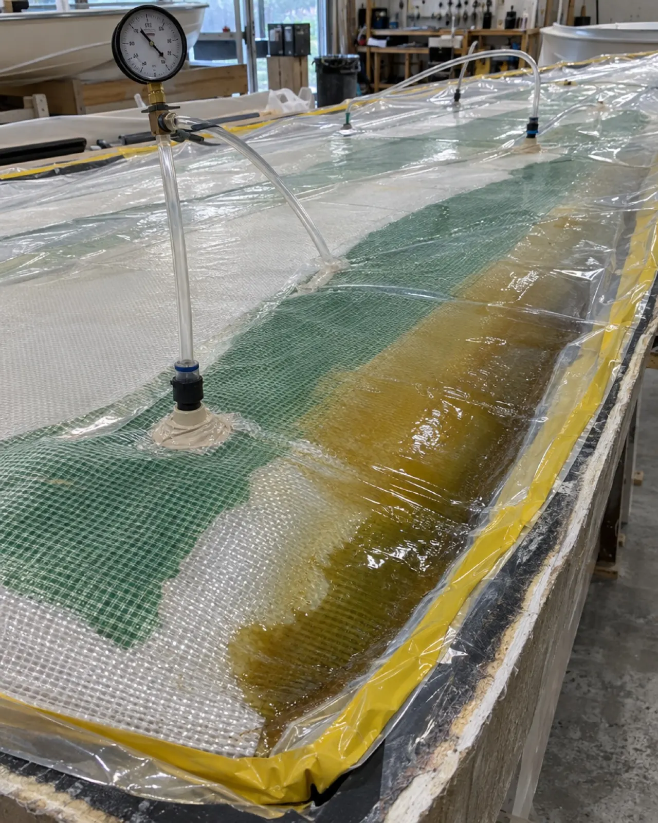 A hull section under vacuum bag as resin infuses