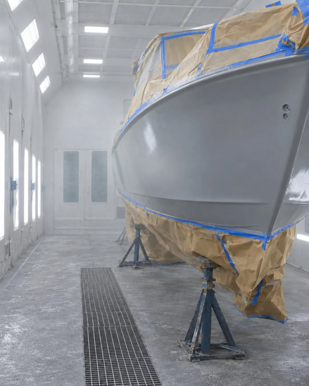 A masked hull in fresh grey primer on stands in the paint booth