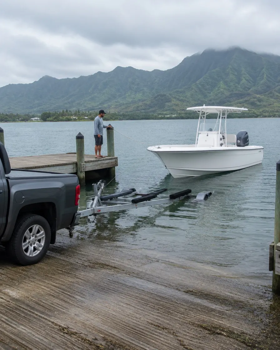 A truck backs a trailer down an Oʻahu ramp as a new center console floats free